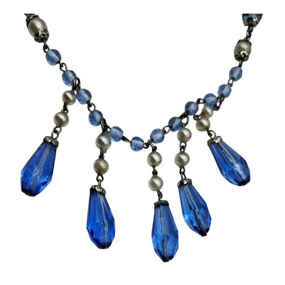 Vintage Blue Czech Glass Necklace Faux Pearl Silver Tone Bib With Teardrop Beads - Picture 3 of 9